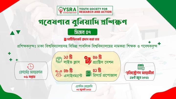অাগামী ২ জুলাই ছয় সপ্তাহব্যাপী গবেষণার বুনিয়াদি প্রশিক্ষণ শুরু হতে যাচ্ছে