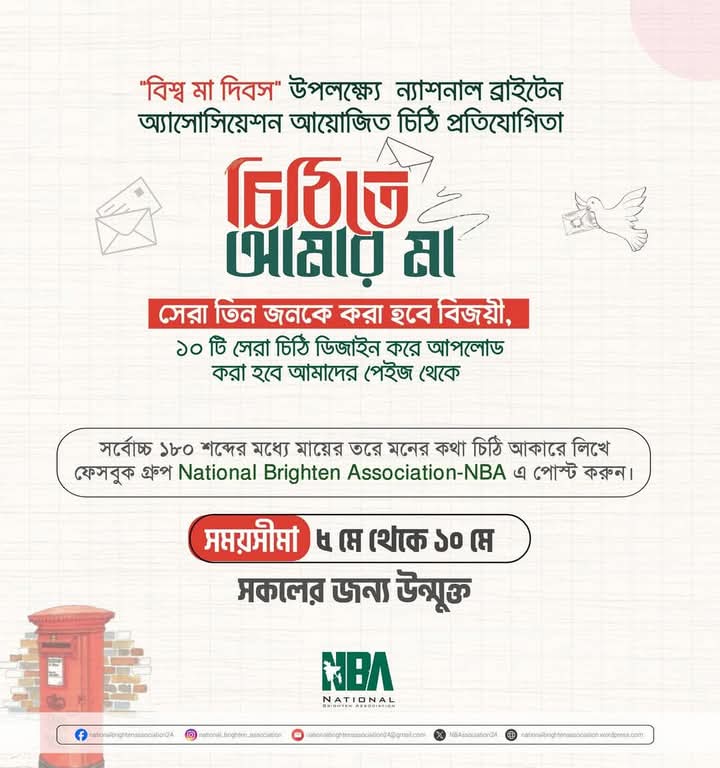 ১১ মে বিশ্ব মা দিবস উপলক্ষ্যে চিঠি প্রতিযোগিতা