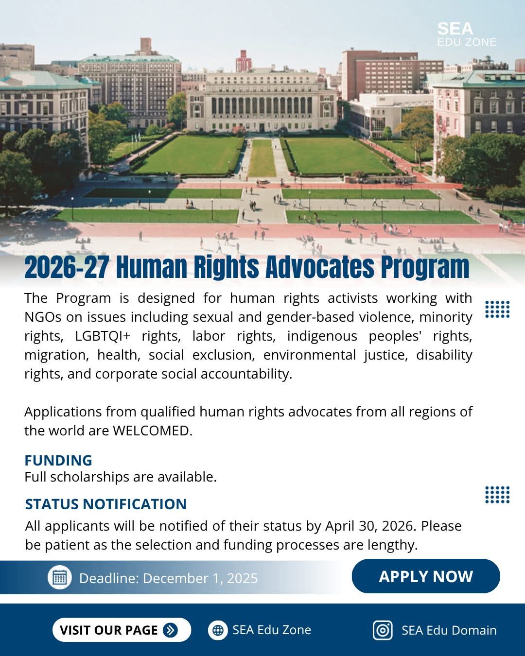 কলম্বিয়া বিশ্ববিদ্যালয়ে Human Rights Advocates Program-এর আবেদনের সুযোগ