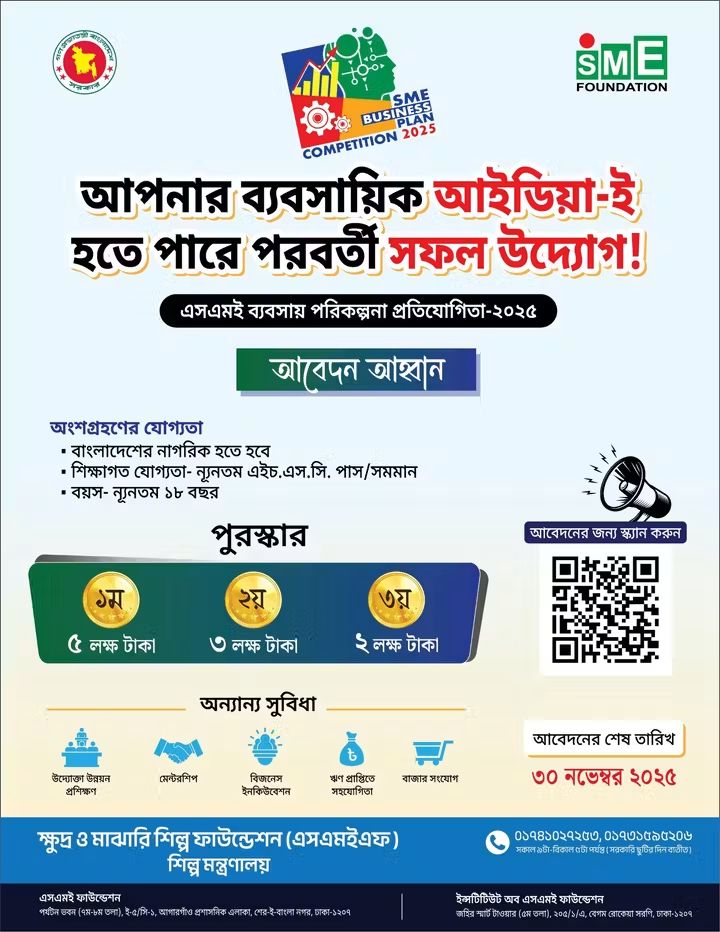 নতুন উদ্যোক্তা সৃষ্টিতে এসএমই ব্যবসায় পরিকল্পনা প্রতিযোগিতা ২০২৫ 
